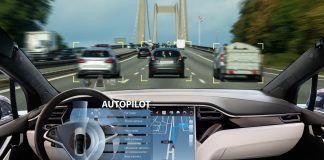 Tesla Autopilot “Full Self-Driving” Car Accidents Self driving car on a road. Autonomous vehicle. Inside view.